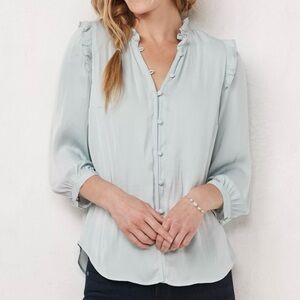 LC Lauren Conrad Women's Floral Ruffle Trim Button Front Blouse Green - Size XL